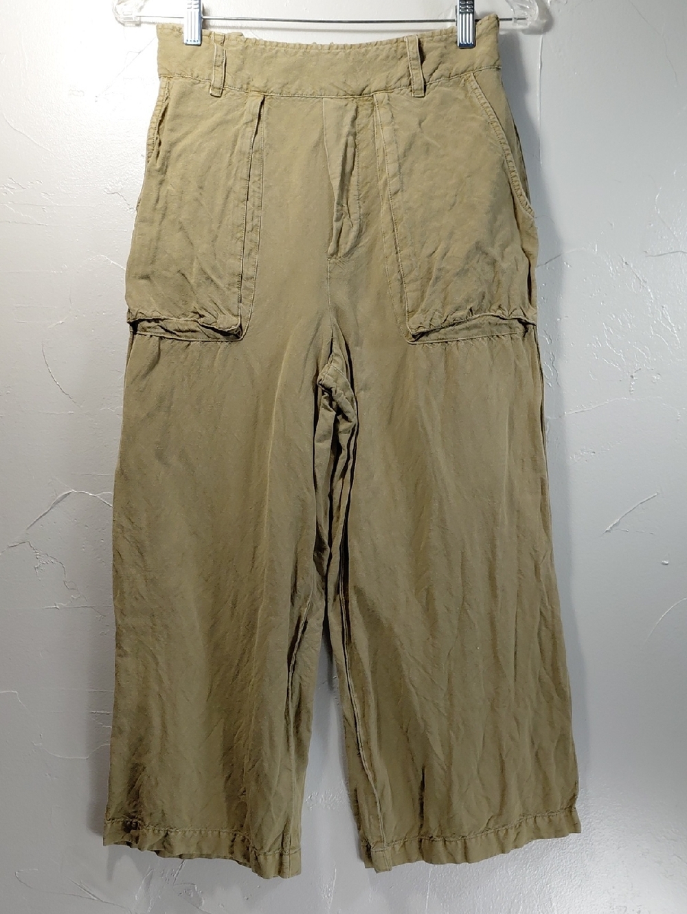 YFB Khaki Patch Pockets High Waist Wide-Leg Linen Cropped Pants Women's Medium